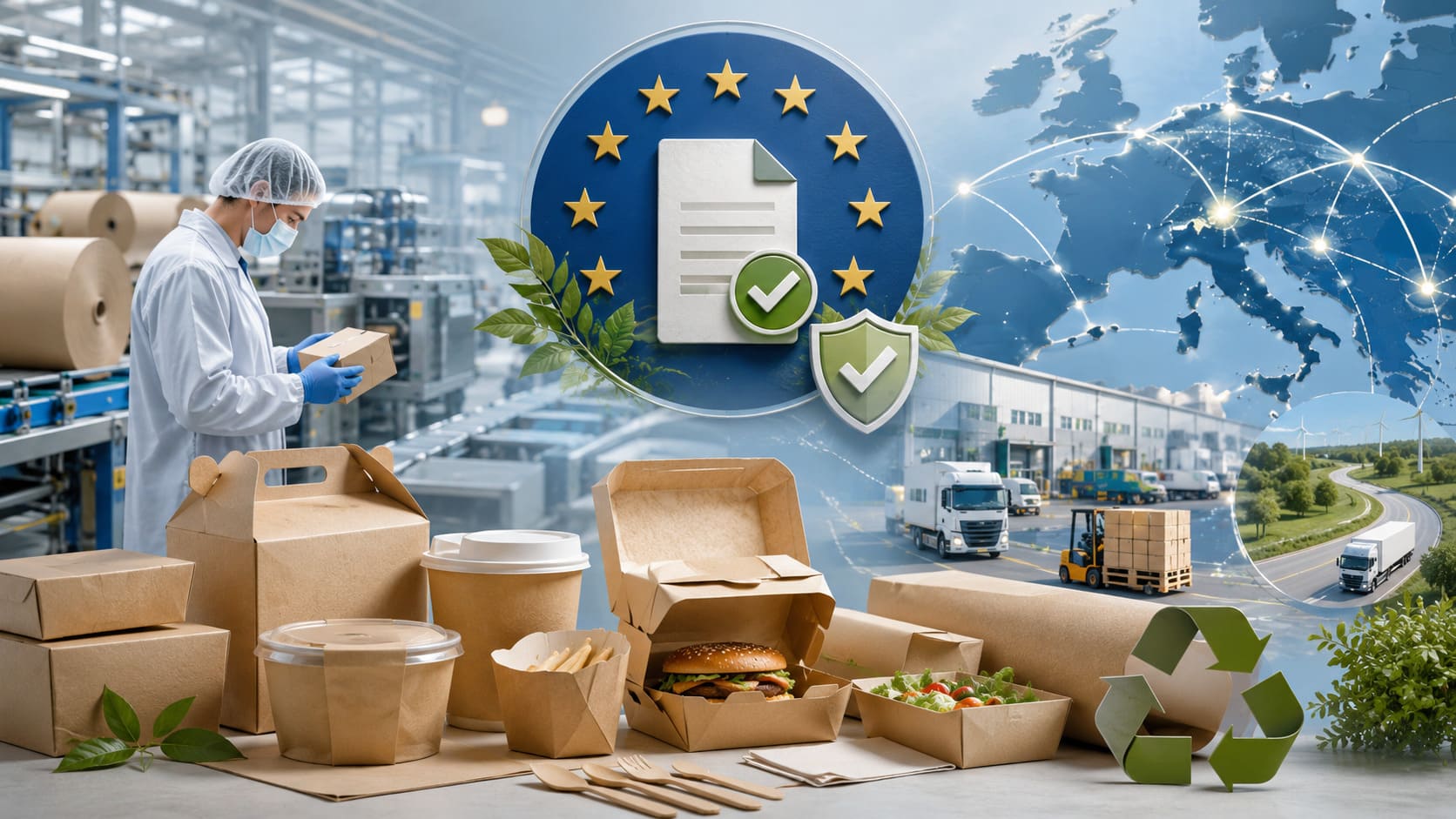Kraft paper food boxes on a factory line with EU compliance icon – EU packaging regulation for paper box makers