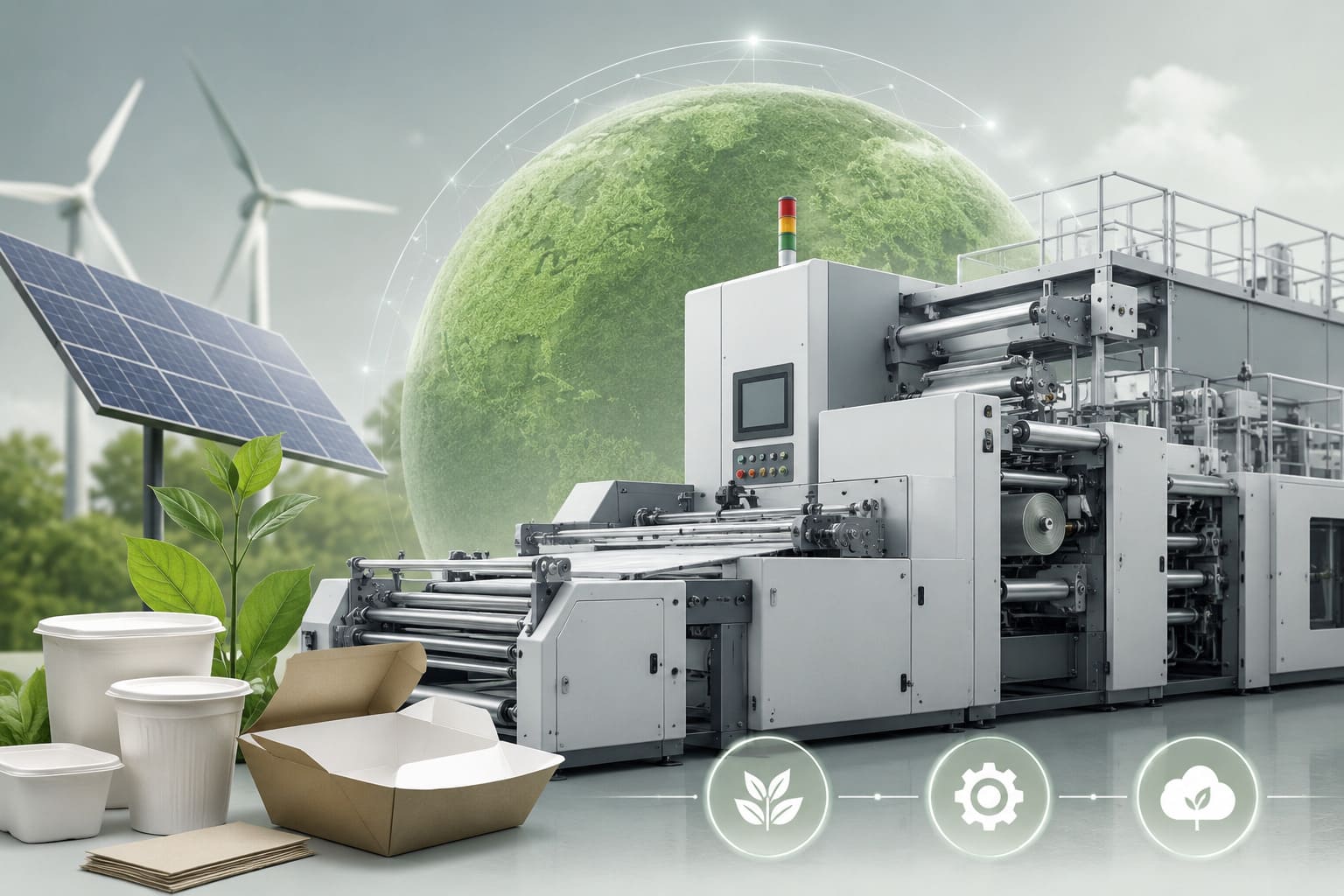 Paper food box production line with solar panels and wind turbines – ISO 14064-1 carbon data for manufacturers