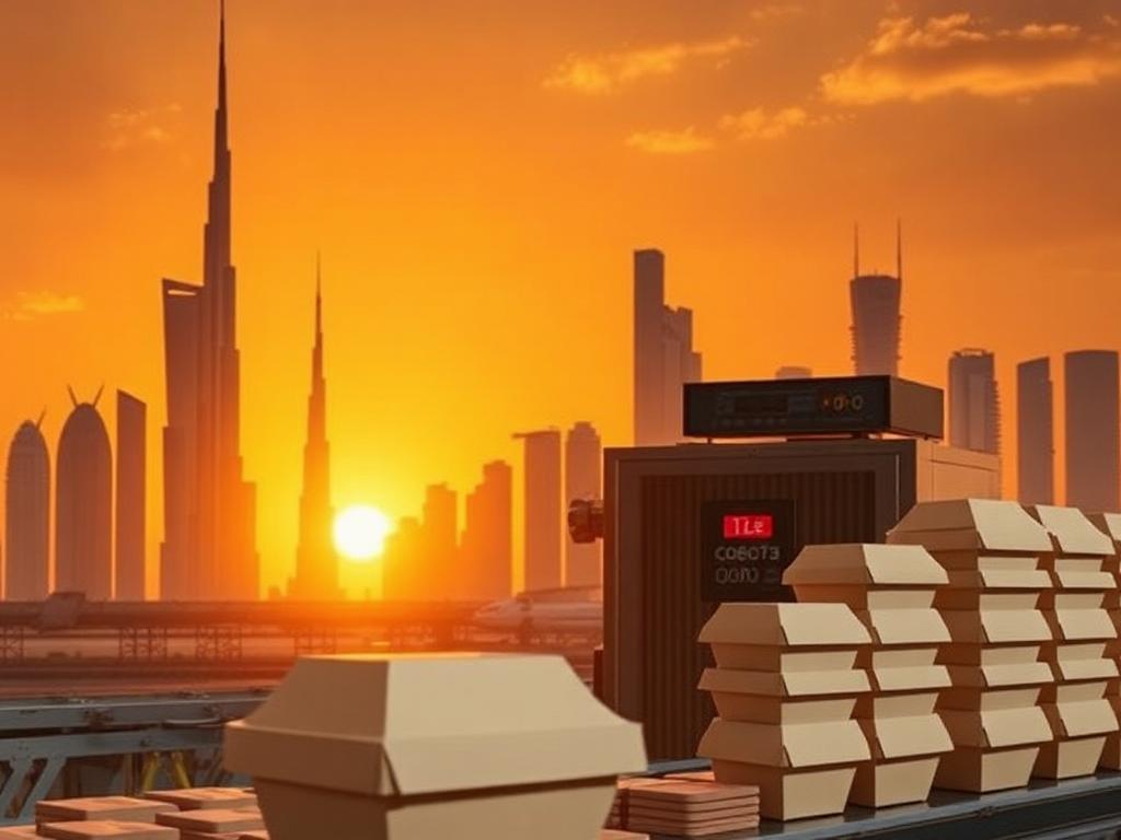 Stacked kraft paper food boxes at sunset with Dubai skyline – Middle East packaging growth