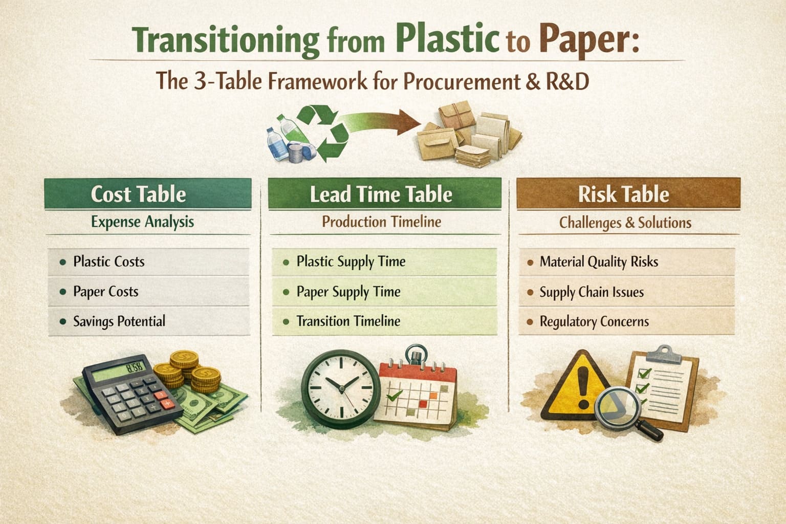 Plastic-to-paper transition framework: cost, lead time and risk tables