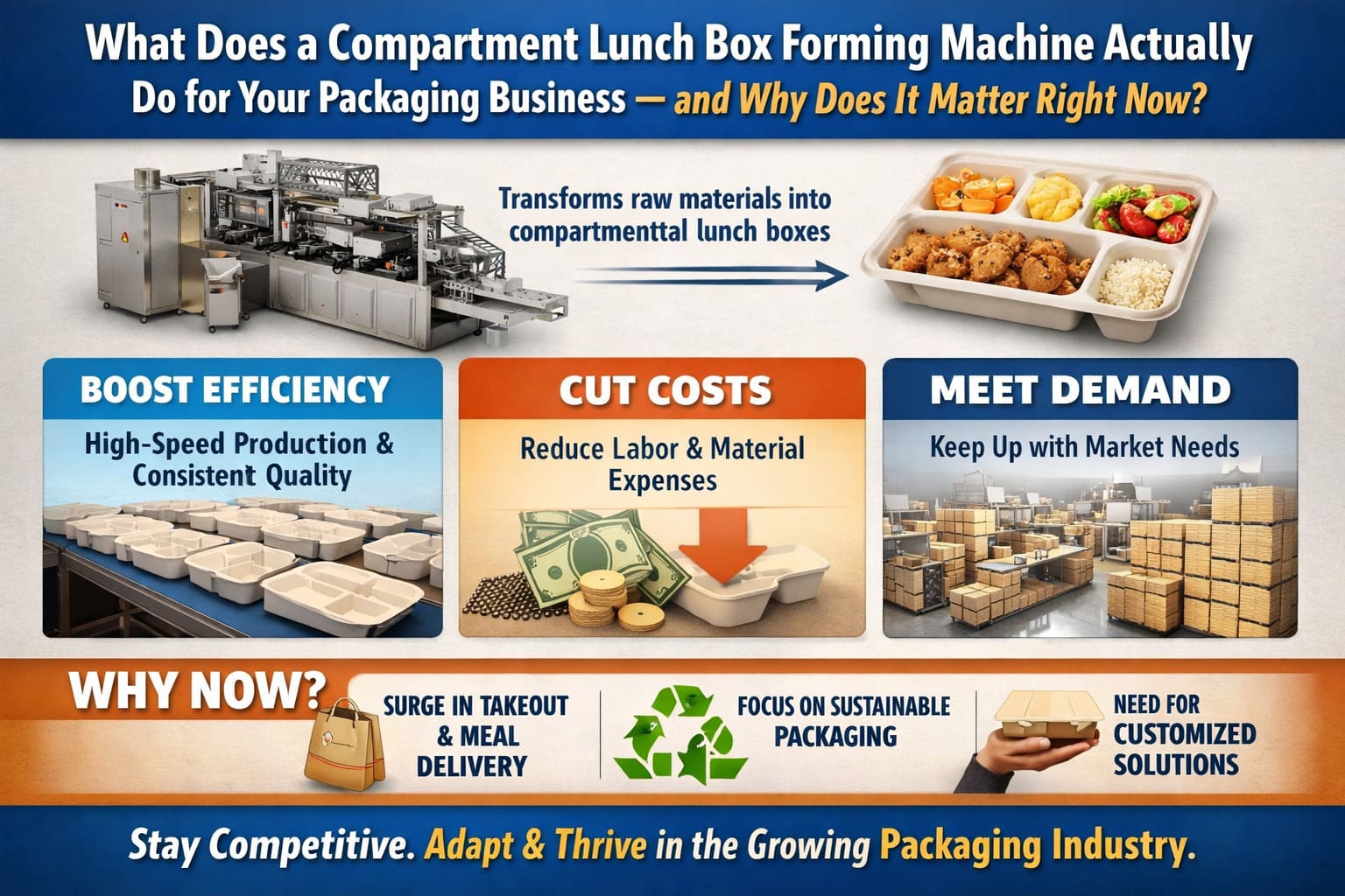Infographic: what a compartment lunch box forming machine does – efficiency, cost and demand
