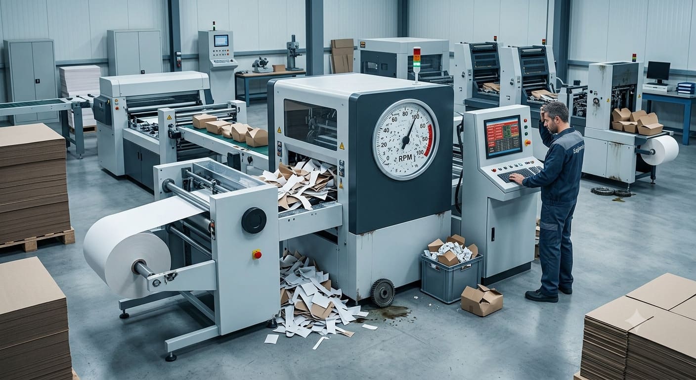 Operator monitoring a paper food box making machine line – OEE and production bottlenecks