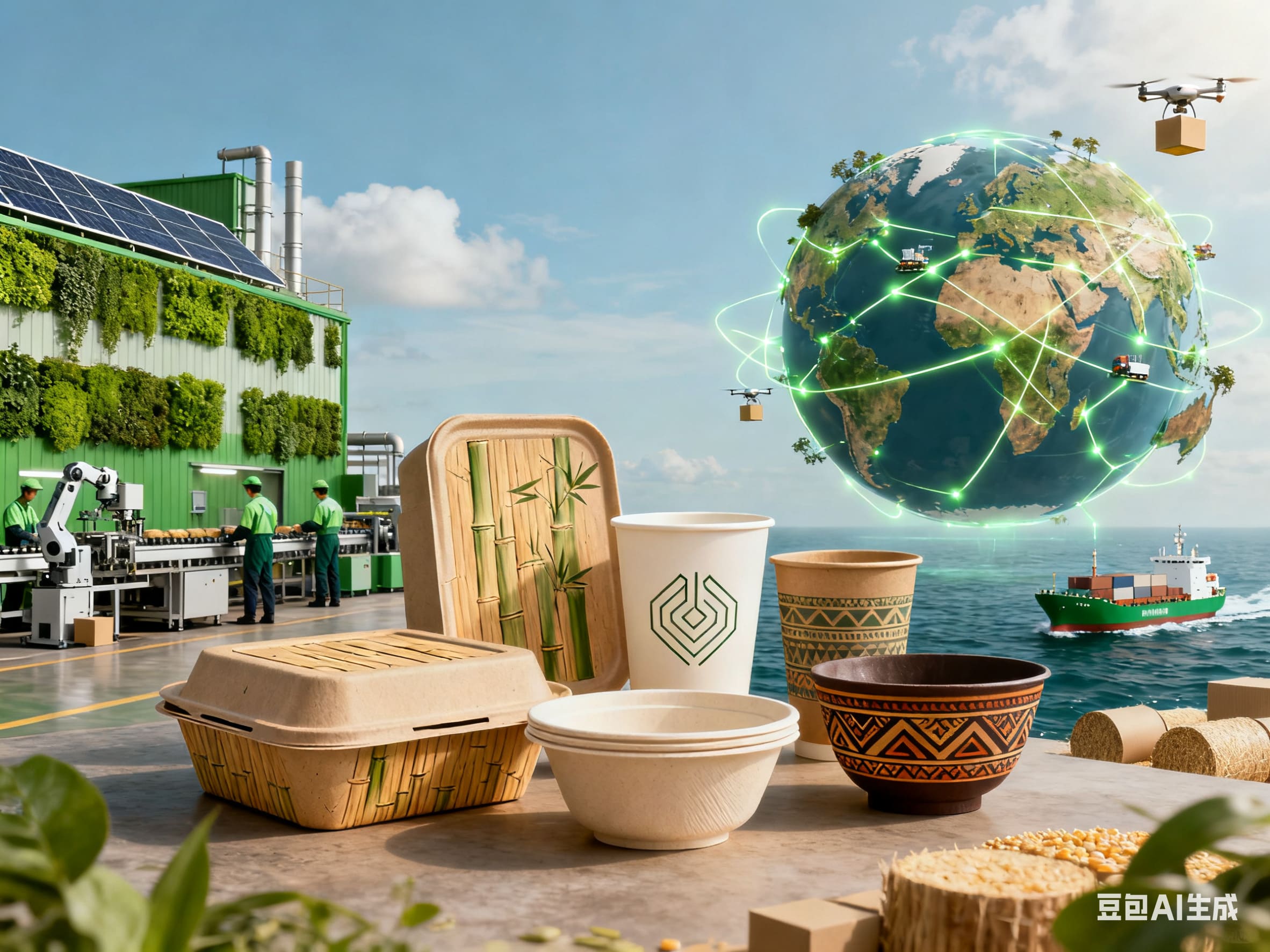 Sustainable paper food containers in front of a solar-powered factory